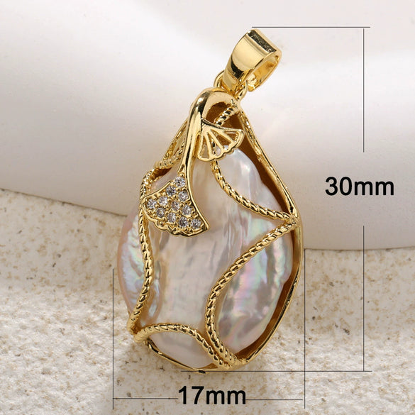 Pearl And Copper Pendant Necklace With Real Gold Leaf Electroplated Irregular And Water Drop Shape Diy Jewelry