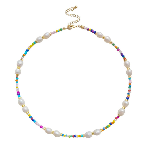 Pearl And Organic Glass Handwoven Geometric Ball Chain Clavicle Necklace For Girls