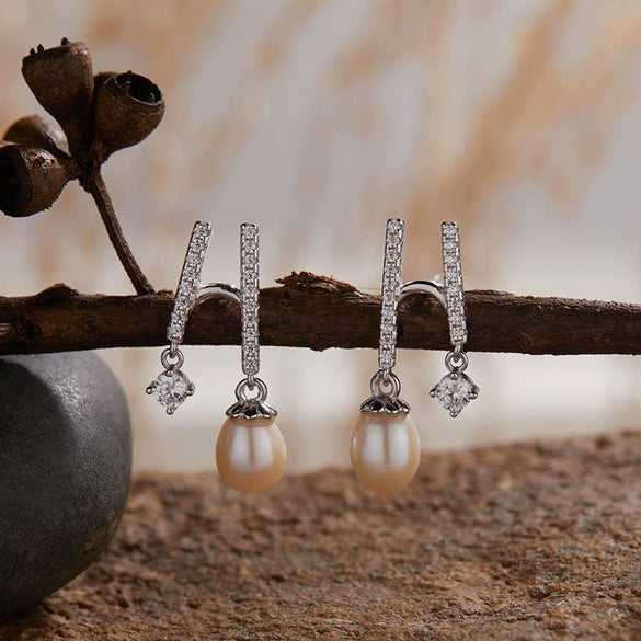 Pearl And S925 Sterling Silver Earrings Light Luxury Geometric Style With Gems