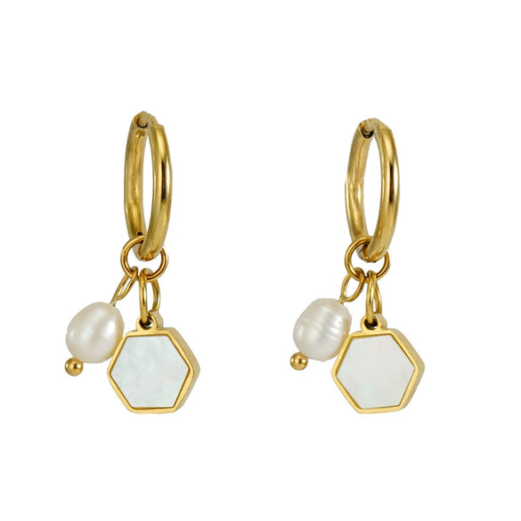 Pearl And Titanium Steel Women's Fashion Earrings With Geometric Design And Electroplating