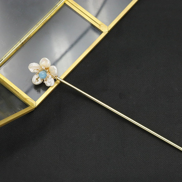 Pearl Aquamarine Hairpin Retro Geometric Style