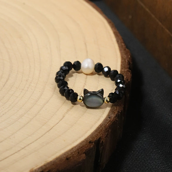 Pearl Beaded Elastic Ring With Cat Animal Pattern Unisex Elegant Cartoon Style