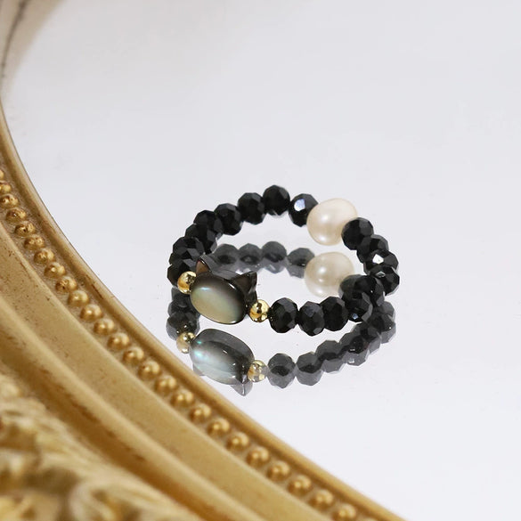 Pearl Beaded Elastic Ring With Cat Animal Pattern Unisex Elegant Cartoon Style