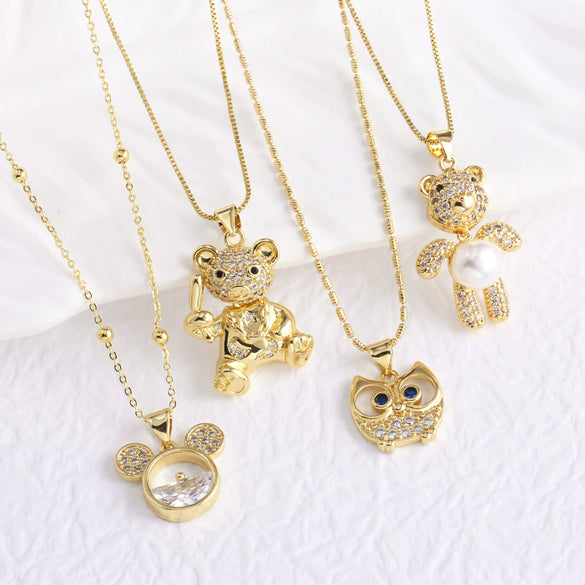 Pearl Bear Pendant Necklace Copper Electroplating Geometric Style