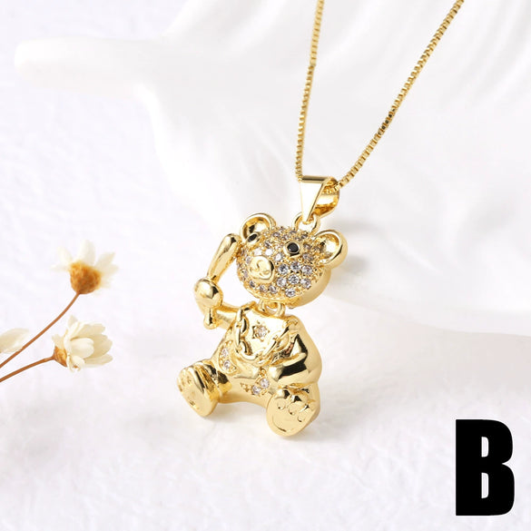 Pearl Bear Pendant Necklace Copper Electroplating Geometric Style