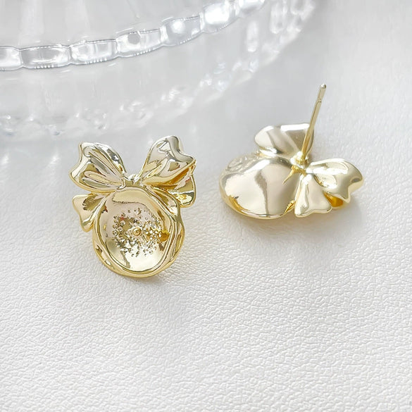 Pearl Bow Earrings S925 Silver Pin Empty Holder Copper With Line Pattern Gold Plated