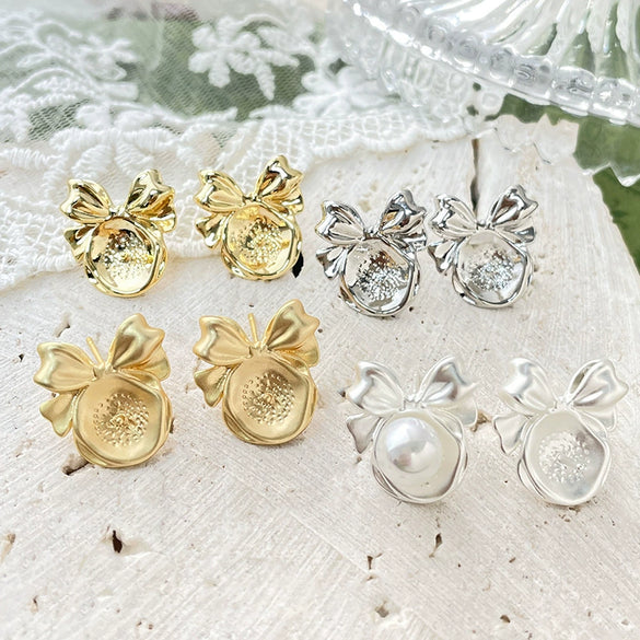 Pearl Bow Earrings S925 Silver Pin Empty Holder Copper With Line Pattern Gold Plated