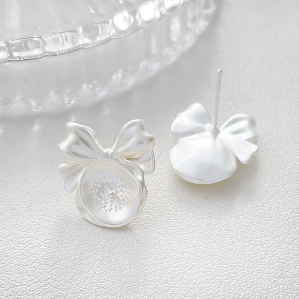 Pearl Bow Earrings S925 Silver Pin Empty Holder Copper With Line Pattern Gold Plated