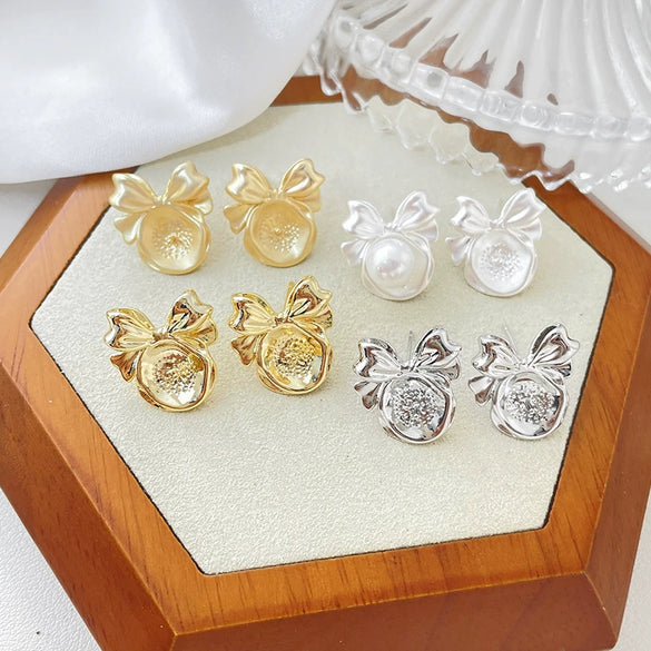 Pearl Bow Earrings S925 Silver Pin Empty Holder Copper With Line Pattern Gold Plated