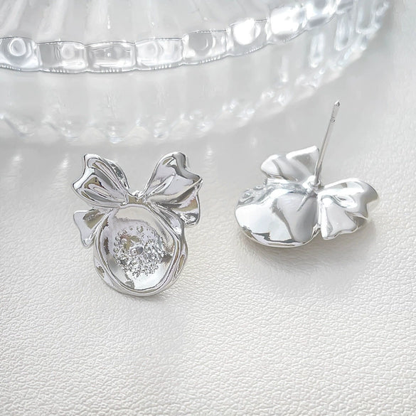 Pearl Bow Earrings S925 Silver Pin Empty Holder Copper With Line Pattern Gold Plated
