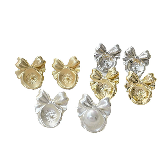 Pearl Bow Earrings S925 Silver Pin Empty Holder Copper With Line Pattern Gold Plated