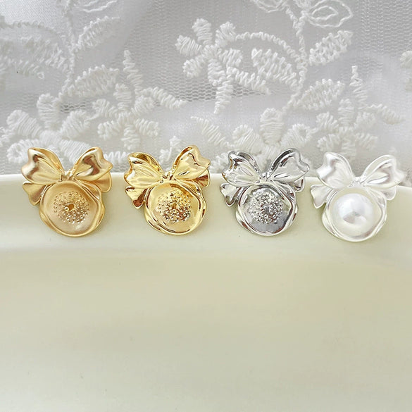 Pearl Bow Earrings S925 Silver Pin Empty Holder Copper With Line Pattern Gold Plated