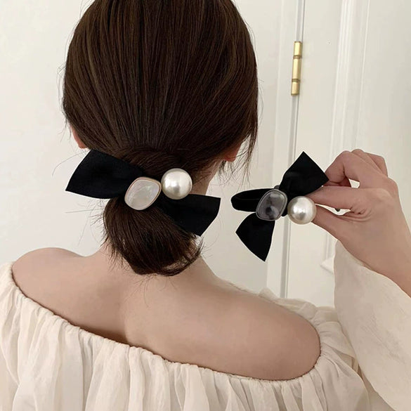 Pearl Bow Hair Tie Fabric Handmade