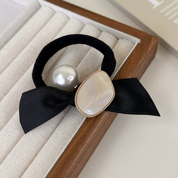 Pearl Bow Hair Tie Fabric Handmade