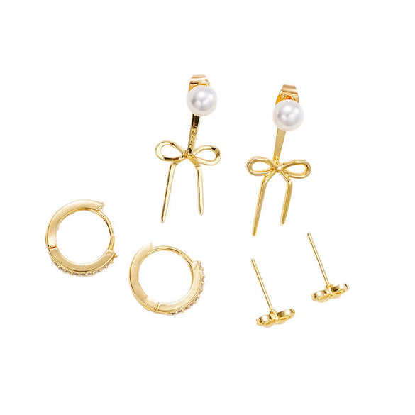 Pearl Bow Pendant Earrings Set Copper Electroplating Women's
