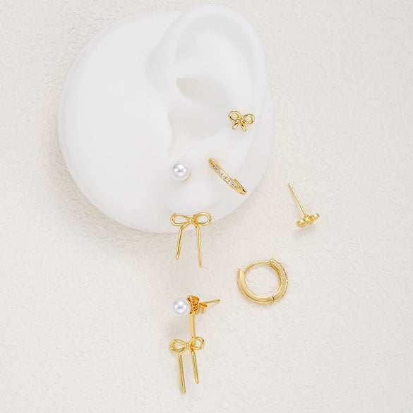 Pearl Bow Pendant Earrings Set Copper Electroplating Women's