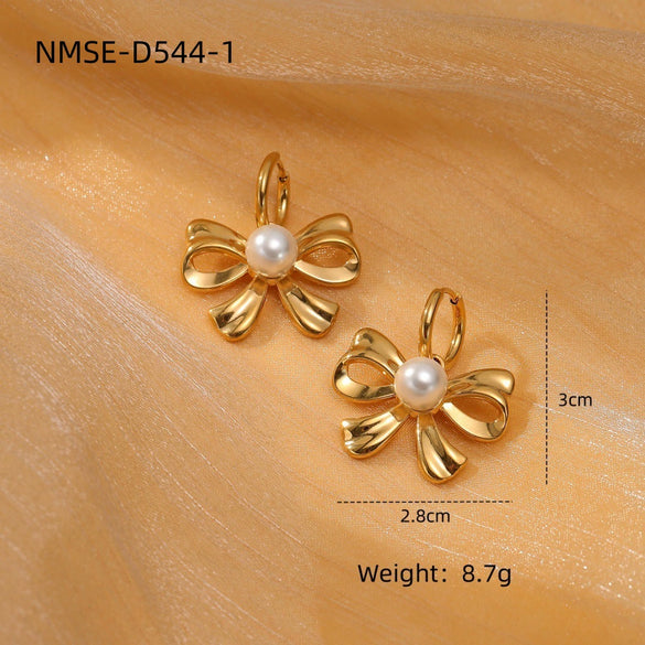Pearl Bow Titanium Steel Earrings Electroplated Light Luxury Style For Women