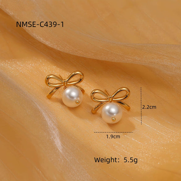 Pearl Bow Titanium Steel Earrings Electroplated Light Luxury Style For Women
