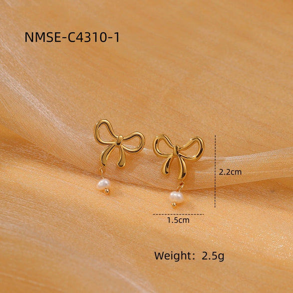 Pearl Bow Titanium Steel Earrings Electroplated Light Luxury Style For Women