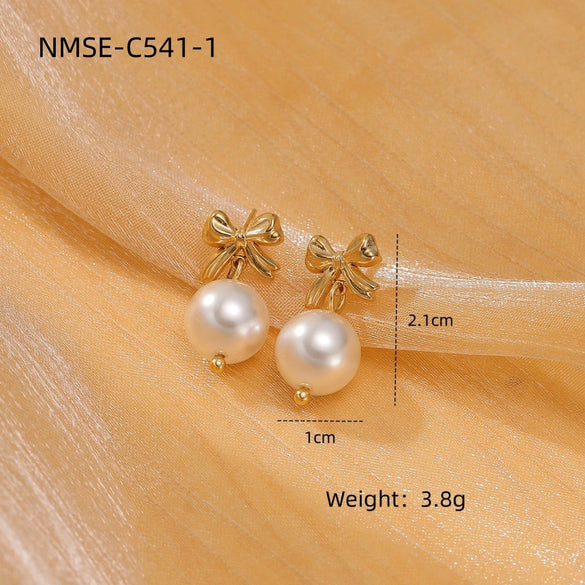 Pearl Bow Titanium Steel Earrings Electroplated Light Luxury Style For Women