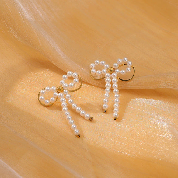 Pearl Bow Titanium Steel Earrings Electroplated Light Luxury Style For Women