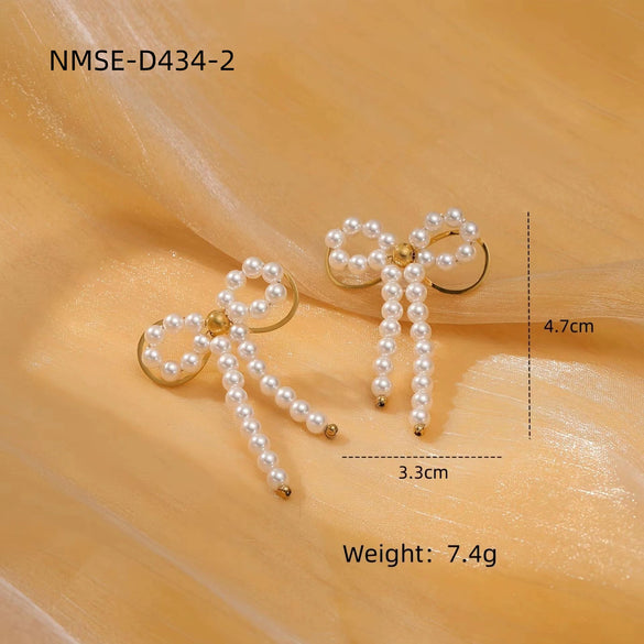 Pearl Bow Titanium Steel Earrings Electroplated Light Luxury Style For Women