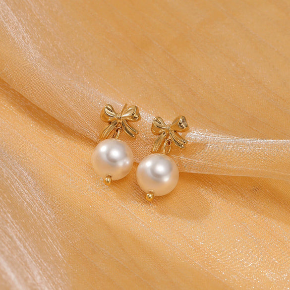 Pearl Bow Titanium Steel Earrings Electroplated Light Luxury Style For Women