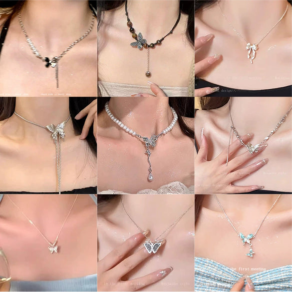 Pearl Butterfly Alloy And Copper Necklace For Women Electroplated With Bow Tie Insect And Star Shape Patterns