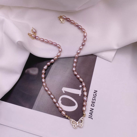 Pearl Butterfly Retro Natural Style Real Gold Plated Micro Inlaid Zircon Necklace