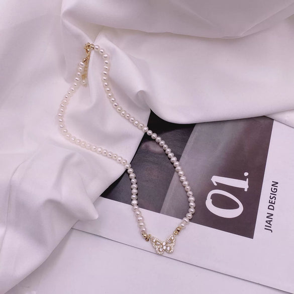 Pearl Butterfly Retro Natural Style Real Gold Plated Micro Inlaid Zircon Necklace