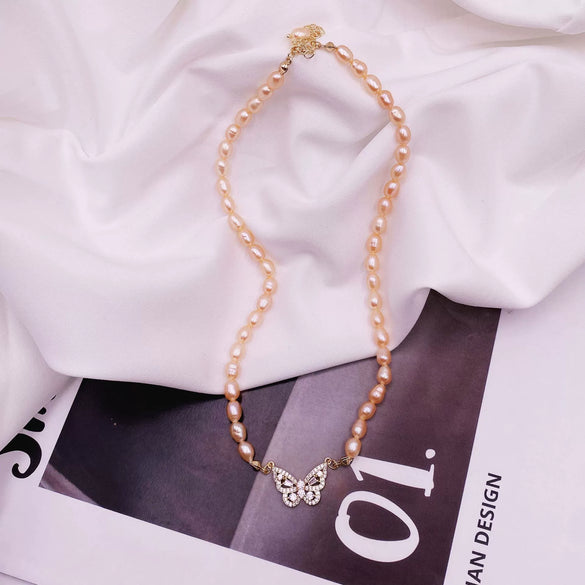 Pearl Butterfly Retro Natural Style Real Gold Plated Micro Inlaid Zircon Necklace