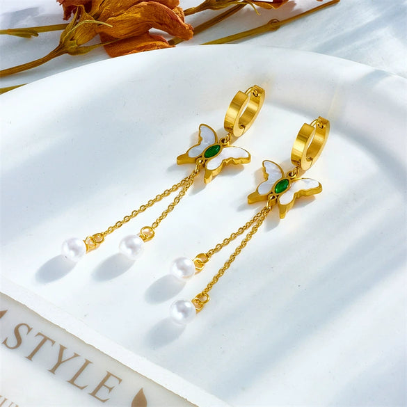 Pearl Butterfly Stainless Steel Pendant Earrings With Insect Pattern And Electroplating Treatment