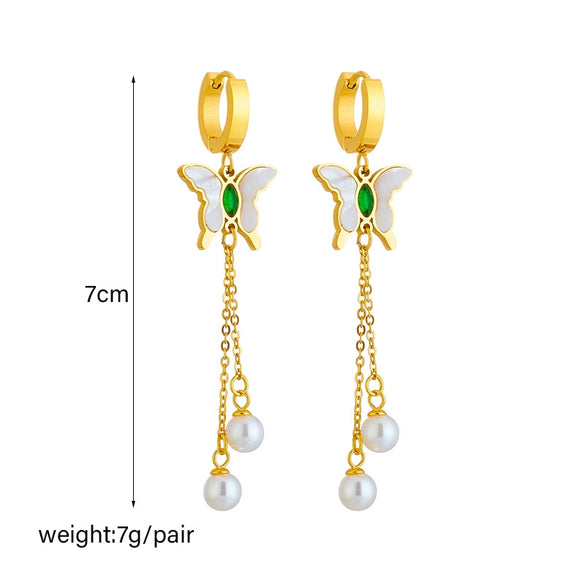 Pearl Butterfly Stainless Steel Pendant Earrings With Insect Pattern And Electroplating Treatment