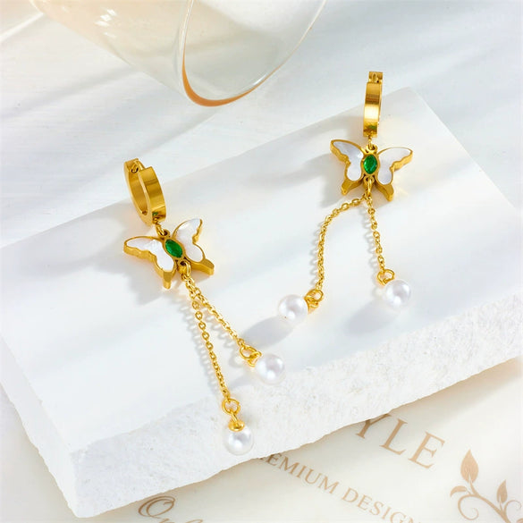 Pearl Butterfly Stainless Steel Pendant Earrings With Insect Pattern And Electroplating Treatment