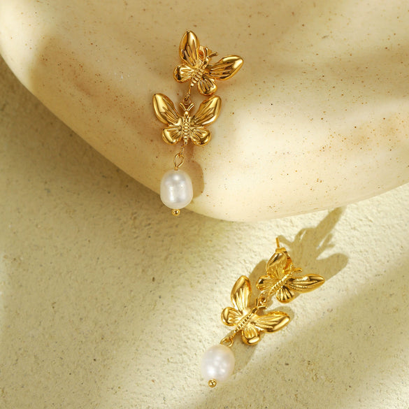Pearl Butterfly Tassel Titanium Steel Stainless Steel Electroplated Women's Earrings