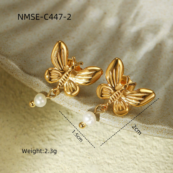 Pearl Butterfly Tassel Titanium Steel Stainless Steel Electroplated Women's Earrings