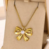 Pearl Clavicle Chain And Earrings Accessories In Ins Style With Bow Pattern Titanium Steel Electroplated