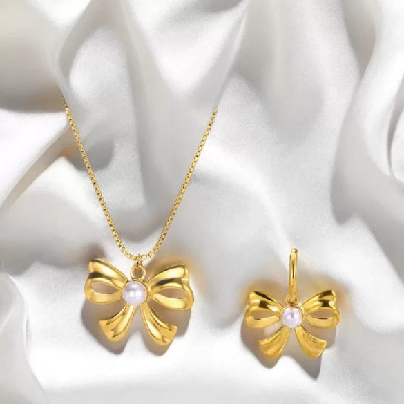 Pearl Clavicle Chain And Earrings Accessories In Ins Style With Bow Pattern Titanium Steel Electroplated