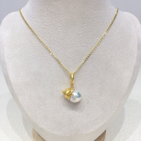 Pearl Clavicle Chain With Natural Freshwater Pearl Pendant Gourd Round Baroque Style Frosted Gold Copper