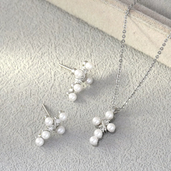 Pearl Cross Necklace And Ear Stud Set Copper Electroplated With Cross Crown Roman Numerals Pattern For Women