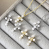 Pearl Cross Necklace And Ear Stud Set Copper Electroplated With Cross Crown Roman Numerals Pattern For Women