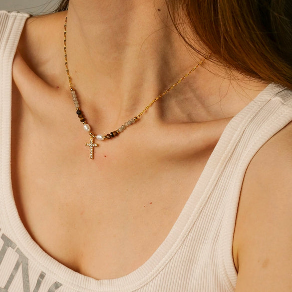 Pearl Cross Necklace Women's Retro Light Luxury With Titanium Steel And Stainless Steel Geometric Electroplated Jewelry
