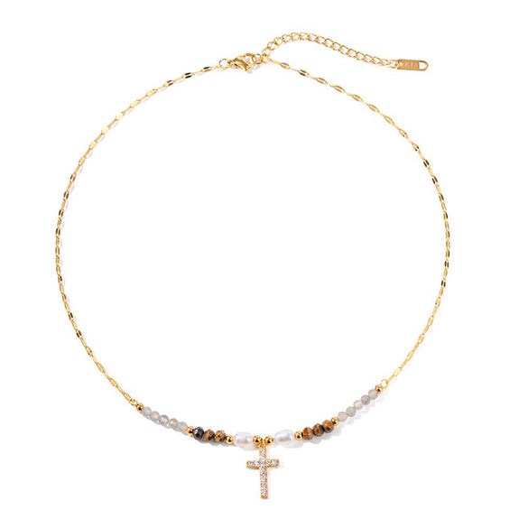 Pearl Cross Necklace Women's Retro Light Luxury With Titanium Steel And Stainless Steel Geometric Electroplated Jewelry