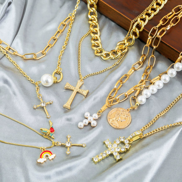 Pearl Cross Pendant Necklace Alloy Box Chain Electroplated Retro Exaggerated Multilayer Women's Accessories