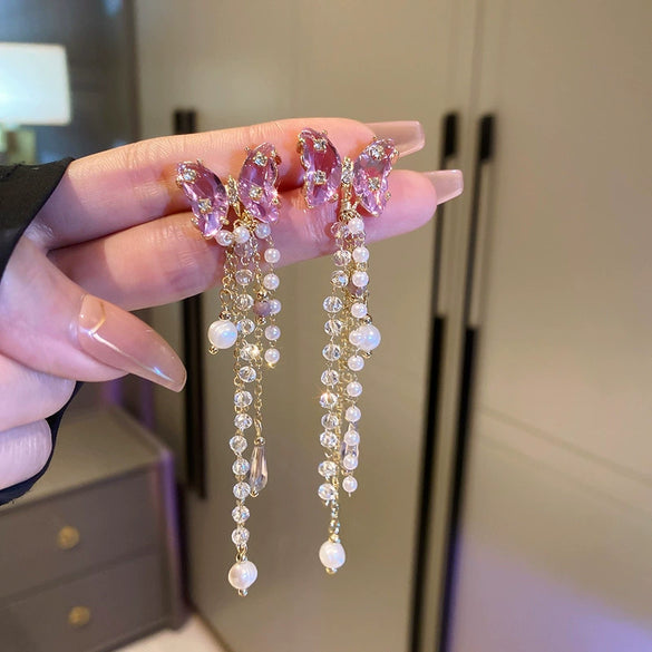 Pearl Diamond Tassel Earrings Rhinestone Material U Shaped Design For Women