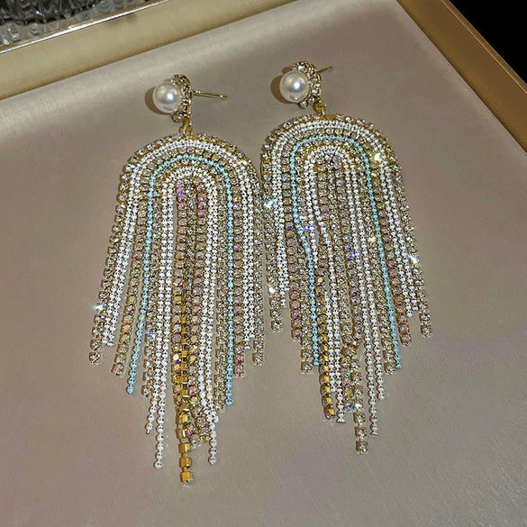 Pearl Diamond Tassel Earrings Rhinestone Material U Shaped Design For Women