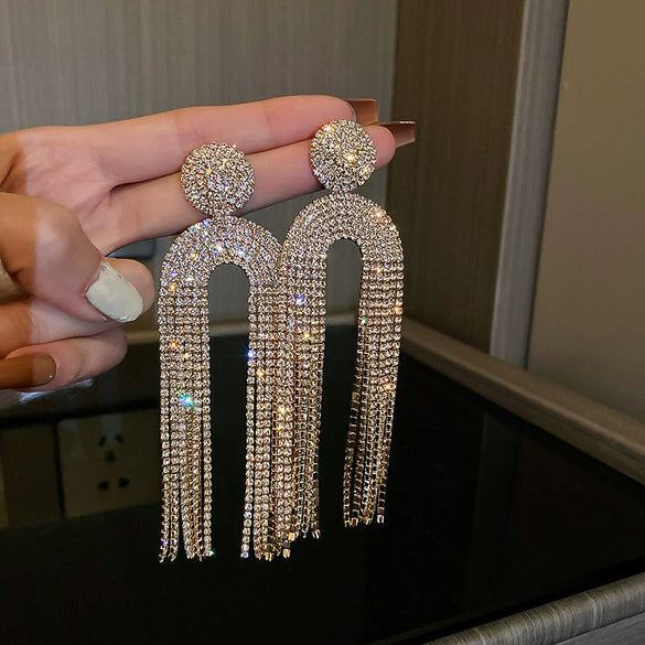 Pearl Diamond Tassel Earrings Rhinestone Material U Shaped Design For Women