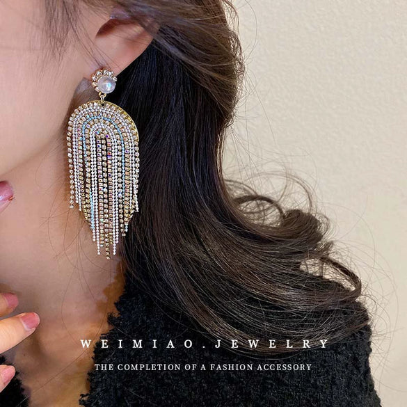 Pearl Diamond Tassel Earrings Rhinestone Material U Shaped Design For Women