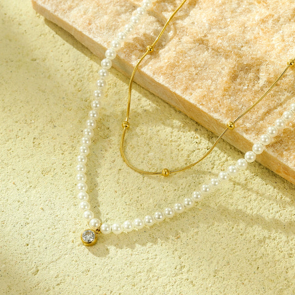Pearl Double Chain Inlaid Zircon Titanium Steel Electroplated Women's Necklace