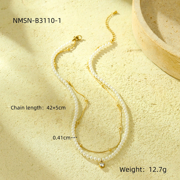 Pearl Double Chain Inlaid Zircon Titanium Steel Electroplated Women's Necklace